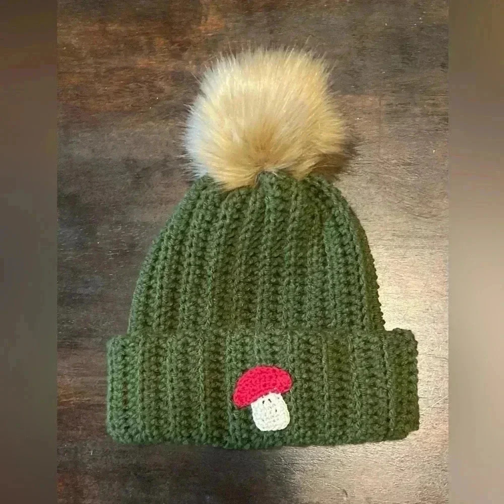 Chunky Oversized Cuffed Fall‎ Winter Beanie Faux Fur PomPom - Mushroom Decal